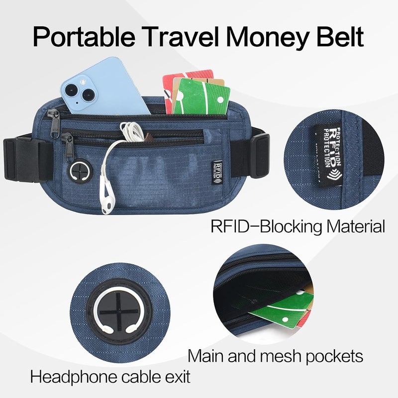 Arouselove Slim RFID Blocking Money Belt for Travel - Anti-Theft Hidden Passport Holder Waist Wallet with Secure Pouch for Cash, Credit Cards & Phone Safe (Navy Blue) - Image 2